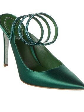 Rene Caovilla Cleo Emerald Satin Pointed-Toe Heels with Crystal Triple Straps